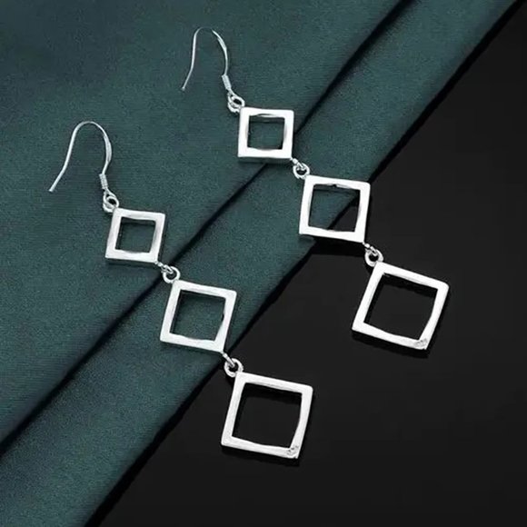 Gorgeous Hypoallergenic Hanging Squares 925 Sterling Silver 3 Inch Long Earrings - Picture 6 of 6